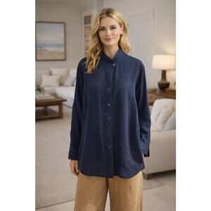 Go Silk 100% Linen Shirt Navy Button Front Mandarin Coastal Beach Minimalist L